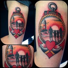 three pictures of different tattoos with lighthouses and hearts in the center, on both arms