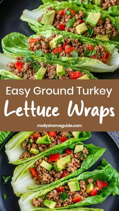 lettuce wraps filled with ground turkey and avocado are ready to be eaten