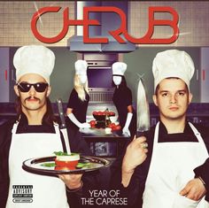 two men in chef's hats are holding a plate with food on it and the words crub above them