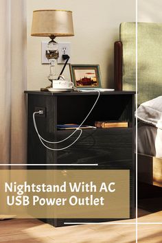 a night stand with ac usb power outlet in the corner next to a bed and lamp