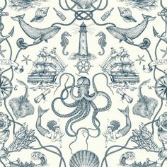 an octopus and other marine creatures are depicted in this blue and white wallpaper pattern