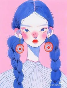 a girl with blue hair and red earrings on her face is looking at the camera