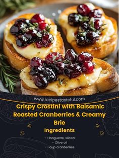 cranberries and cream on toasted bread with rosemary sprigs