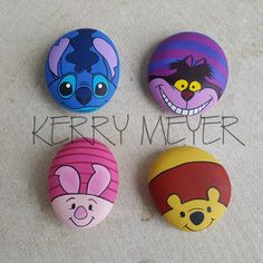 four painted rocks with cartoon characters on them and the words kermu meer