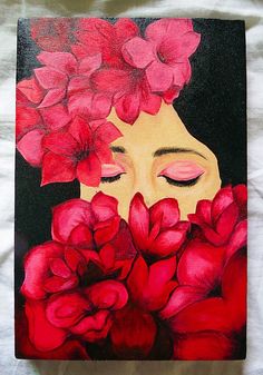 a painting of a woman's face with flowers in her hair and eyes closed