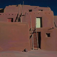 a painting of an adobe building with ladders