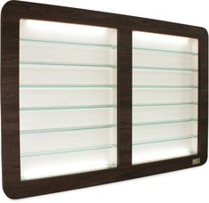 a wooden wall mounted display case with two glass shelves on one side and lights on the other