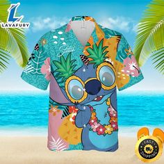 an image of a hawaiian shirt with a cartoon character wearing sunglasses and pineapples on it