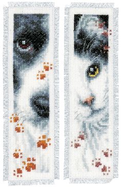 two cross stitch bookmarks with cats and flowers on them, one is black and the other is white