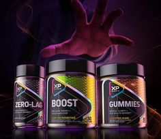 three jars of cb gummies are shown in front of a dark background and hand