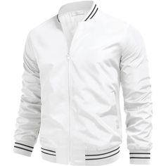 100% Polyester Imported Zipper Closure Machine Wash Quality Fabricthese Full Zip Bomber Jackets Are Made Of 100% High Quality Polyester,Lightweight,Durable And Windproof, Which Also Makes It Comfortable And Versatile To Wear Especially During Freezing Days. Designed Jacketmens Jackets Featuring Full Zip Closure(The Zipper Head Is On The Right),Classic Street Style, Full Lined, Stylish Stand Collar And Stripe Design, Rib Knit Collar, Cuff And Hem Provides A Snug Fit. 2 Slant Functional Pockets An Casual White Track Jacket With Stand Collar, White Stand Collar Windbreaker For Fall, White Stand Collar Outerwear For Outdoor, White Stand Collar Track Jacket For Fall, Spring Windbreaker With Zipper Closure And Stand Collar, White Track Jacket With Ribbed Cuffs For Outdoor, Cotton Windbreaker With Stand Collar, Solid Cotton Sporty Outerwear, Sporty Solid Cotton Outerwear