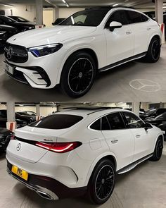 two pictures of the front and back of a white mercedes suv