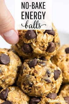 no - bake energy balls stacked on top of each other with text overlay