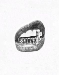 a pencil drawing of a mouth with teeth and gums on it's side