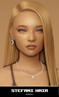 a woman with blonde hair and blue eyes is wearing a necklace that has a crescent charm on it