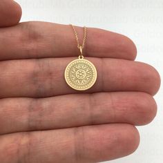 ● Material of pendant: Solid gold 14k ( REAL GOLD ) ● Metal Stamp: 14k ● The pendant is available in 3 sizes: 14,0 mm / 0,55 inches ( Diameter ) 16,5 mm / 0,65 inches ( Diameter ) 19,1 mm / 0,75 inches ( Diameter ) ( In the photos the size of the pendant is 14mm / 0.55 inches Diameter ) ● Material of chain: Solid gold 14k ( REAL GOLD ) ● Chain Options: **Chain No.1  :  thickness 0,7mm  **Chain No.2 :  thickness 1,3mm ● Chain Length: - 40 cm / 15,75 inches ( Length ) - 45 cm / 17,72 inches ( Leng 14k Gold Etched Medallion Jewelry, Commemorative Engraved Gold Jewelry, Gold Etched Jewelry For Commemoration, 14k Gold Medallion Jewelry For Good Luck, Etched Yellow Gold Jewelry For Commemoration, Etched 14k Yellow Gold Necklaces, 14k Yellow Gold Etched Necklaces, Gold Engraved Jewelry For Good Luck, Gold Etched Medallion Jewelry