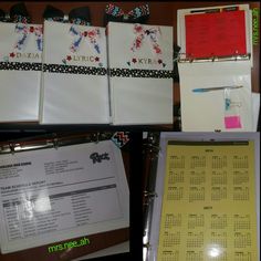 three pictures of binders, calendars and other items on a table with writing