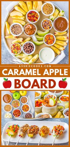 Make your own caramel apple bar! This simple apple recipe is a fun activity for both kids and adults. With a variety of sweet and salty toppings, this charcuterie board is the perfect fall food for a party. Save this easy dessert idea! Charcuterie Board Fall Simple, Charcuterie Board Party Ideas Fall, Thanksgiving Sweet Board, Diy Snack Board, Build Your Own Caramel Apple Bar, Thanksgiving Sweet Charcuterie Board, Carmel Apple Activity, Sweet Halloween Charcuterie Board, Friendsgiving Snacks For Kids