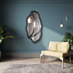 a living room with a couch, mirror and potted plant