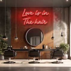 there is a neon sign that says love is in the hair