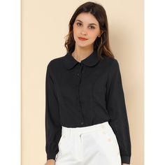 Feel confident flaunting your classic, yet edgy style in this classic peter-pan-collar office shirt. It features the front buttons, long puff sleeves, a Peter Pan collar, and the princess line. his button-up shirt is a polished piece for the weekend and workdays alike. This classic shirt is a regular fit, and that's how this one perfects the beloved staple. It is stylish and is a perfect choice for an office outfit. Classic Blouse With Lapel Collar In Solid Color, Classic Blouse With Lapel Collar For Office, Classic Lapel Collar Blouse For Office, Classic Collared Blouse For Work, Classic Collared Blouse For Office, Office Wear Shirt With Button Closure, Classic Collared Office Blouse, Classic Collared Workwear Blouse, Classic Blouse With Fold-down Collar For Office