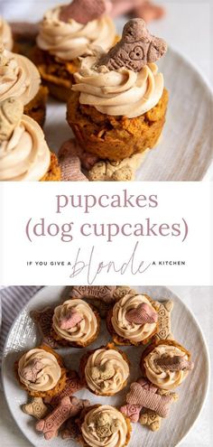 some cupcakes with frosting on them and the words pupcakes dog cupcakes behind it