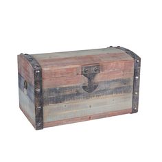 an old trunk is sitting on the floor with no one around it and has two handles