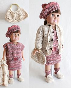 the doll is wearing a crocheted dress and hat with matching shoes, holding a purse