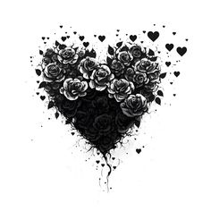 a black and white drawing of roses in the shape of a heart with hearts around it