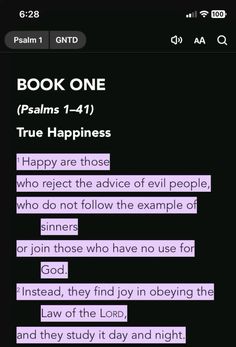 a text message with the words book one and true happiness written in purple on it