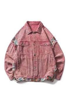 Ethnic Pink Two-Piece Denim Unisex Jacket Retro Aesthetic Denim Jackets Men, Patchwork Denim Jacket, Pink Denim Jacket, Edgy Streetwear, Loose Jacket, Streetwear Essentials, Classic American Style, Vintage Denim Jacket, 90s Grunge