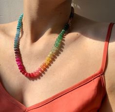 Rainbow quartz gemstone necklace - multicoloured quartz  beads - 24k gold plated - candy skittles necklace. Our gorgeous gift packaging (photographed) is available with this purchase :)  Expertly hand knotted with silk thread to showcase each stone's shade and finished with 24k gold plated clasp, crimps and extender chain. The colours in the beads are beautiful and have lovely natural details.  MATERIALS & LENGTH: The stones measure approximately 7mm to 9mm. The total length includes the clasp a Candy Skittles, Rainbow Choker, Candy Necklaces, Rainbow Gemstones, Rainbow Quartz, Quartz Beads, Colourful Necklace, Silk Thread, Jewelry Maker