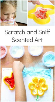 kids are painting with different colored paints on paper and then using scissors to decorate them