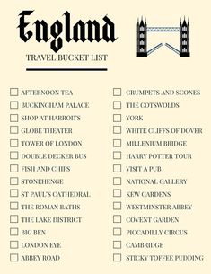 the england travel bucket list is shown