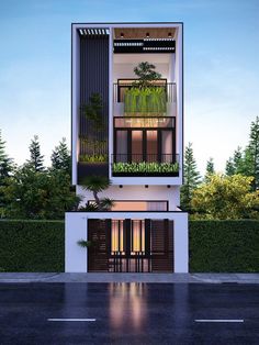 an artist's rendering of a two story building with plants on the balconies