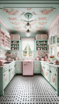 an old fashioned kitchen with pink appliances and green cabinetry, painted in pastel colors