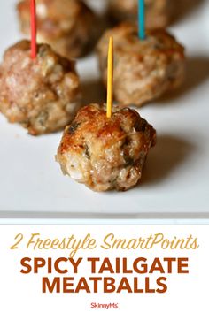 several small meatballs with toothpicks on them and text overlay that reads, 2 freestyle smart points spicy tailgate meatballs