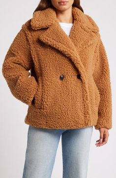 Delightfully soft teddy faux shearling makes this double-breasted coat a favorite choice for temperature dips. 28" length (size Medium) Notched lapels Lined 100% polyester Dry clean Imported Faux Shearling Coat, Soft Teddy, Shearling Coat, Double Breasted Coat, Fabric Gift Bags, Fabric Gifts, Free Fabric, Chestnut, Double Breasted