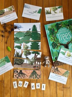 the book is laying on the floor next to some cards and stuffed animal with words that spell out trees