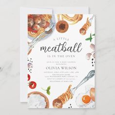 a little meatball is in the oven birthday party card with an illustration of food and utensils