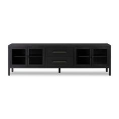 the sideboard is black and has two drawers on each side, one door open to reveal