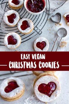 easy vegan christmas cookies with strawberry jam in the middle and heart shaped sugar on top