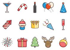 christmas icons are shown on a white background with red, white and blue balloons in the air