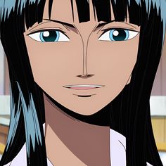 an anime character with blue eyes and long black hair, looking at the camera while wearing a white shirt