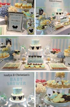 a collage of photos showing different types of cakes and pastries on display at a baby's first birthday party