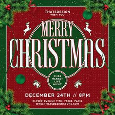 merry christmas flyer with green and red decorations