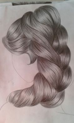 a drawing of a woman's head with long, wavy hair in the center