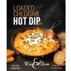 the cover of loaded cheddar hot dip mix is shown with bread and cheese