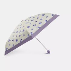 Nwt Coach Mini Umbrella In Signature Blueberry Print Blueberry Print, Coach Glasses, Cute Umbrellas, Pink Umbrella, Mini Umbrella, Blue Coach, Light Violet, Umbrellas Parasols, Browning Logo