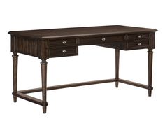 an antique style desk with two drawers and one drawer open on the top, in dark wood